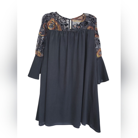 XL UMGEE Cotton Blend Black & Colorful Sheer Velour Bell Sleeve Midi Dress - Picture 6 of 8